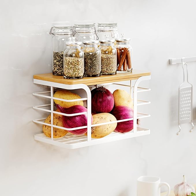 Trash Bag Holder Dispenser with Bamboo Top,Wall Mount Garbage Bag Dispenser,Stackable Storage Suitable for Garbage Bags of 100 Rolls under 13 Gallons,White Small