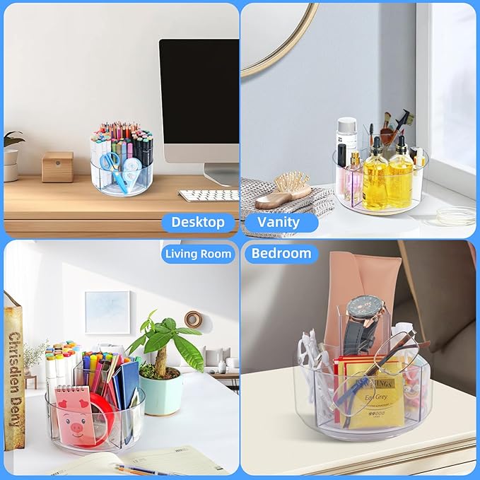 Pencil Holder for Desk, 360-Degree Rotating Pen Marker Crayon Organizer, Spinning Acrylic Desk Pen Organizer Storage, 5 Slots Large Capcaity Caddy for Home Office School Kids Art Supplies