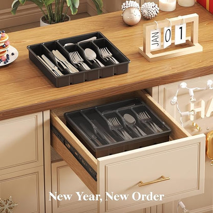 Lifewit Silverware Organizer with Lid, Covered Utensil Tray for Kitchen Drawer and Countertop, Plastic Cutlery and Flatware Storage Box for Spoons Forks Knives Holder Case, 6 Compartments, Black