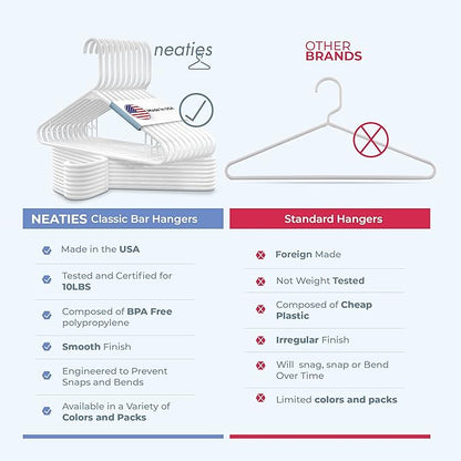 Neaties Plastic Hangers 100 Pack – Made in The USA – 6lb Capacity Standard Clothes Hangers with Strap Hooks for Dresses, Lingerie, Shirts, Pants, and Jackets – White & Black