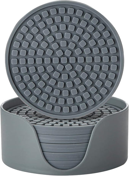 Colinda Silicone Drink Coasters with Holder, Set of 6, Outdoor Cup Mat for Hot or Cold Drinks, Thickened, Non-Slip,Non-Stick, Warm Grey