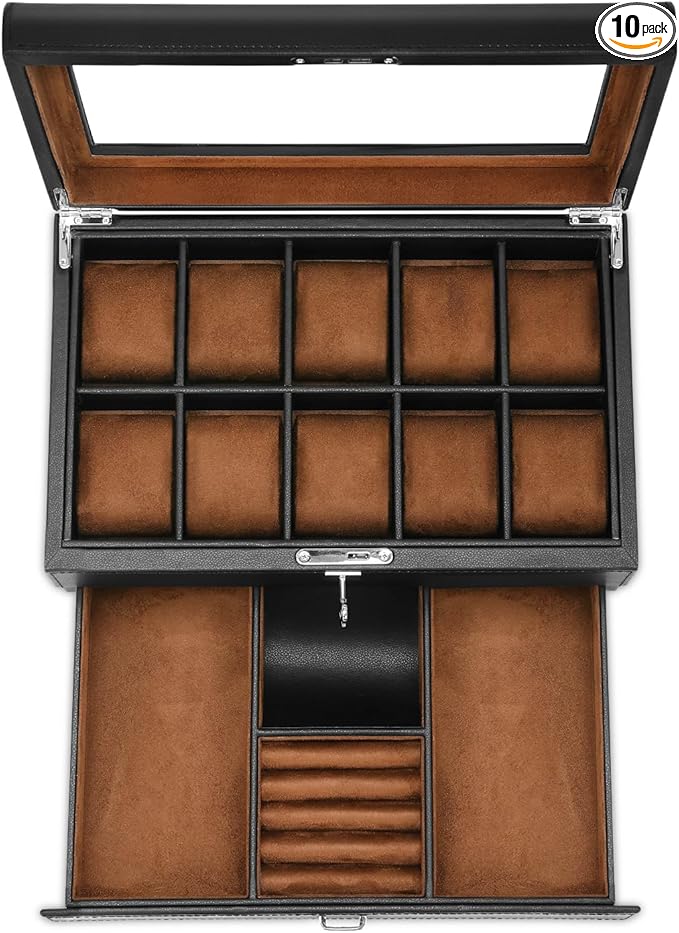 HELMDY Leather Watch Box with Drawer-10 Slots Locking Jewelry Watches Holder for Men-Luxury Watch Case Display Organizer-2 Tier Organizer Watch Showcase-Storage Case