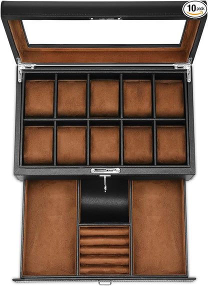 HELMDY Leather Watch Box with Drawer-10 Slots Locking Jewelry Watches Holder for Men-Luxury Watch Case Display Organizer-2 Tier Organizer Watch Showcase-Storage Case