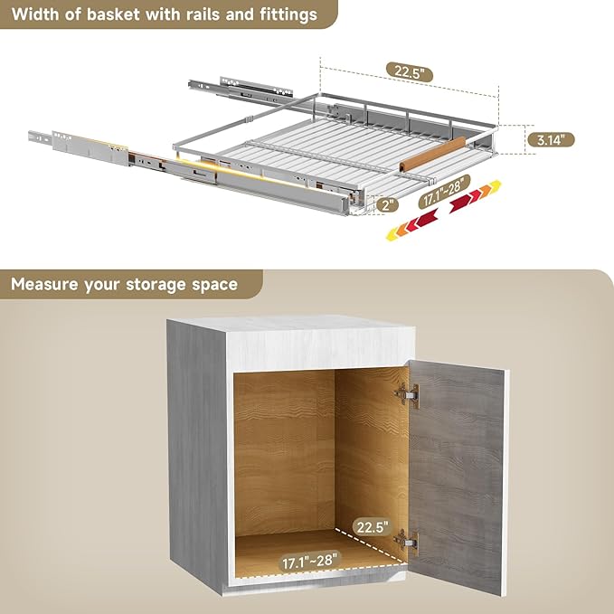 taiheis 2 Pack Expandable Pull Out Cabinet Organizer，Side Mounting 17.1~28"x22.5"Cabinet Pull Out Shelves, Expandable Slide Out Spice Rack for Kitchen Bathroom Office