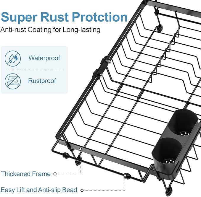 iSPECLE Expandable in Sink Dish Drying Rack - Adjustable Capacity Over The Sink Dish Drainer Drying Rack with Cup Holder for Kitchen, 12.4"-17.1" L x 14.2" W, Black