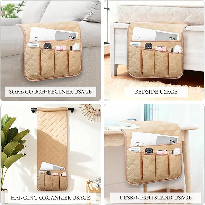 AUVCAS Sofa Armrest Organizer Non-Slip Arm Chair Bedside Caddy Storage Organizer for Recliner Couch with 5 Pockets for Cell Phone TV Remote Control Magazines (LIGHT KHAKI)