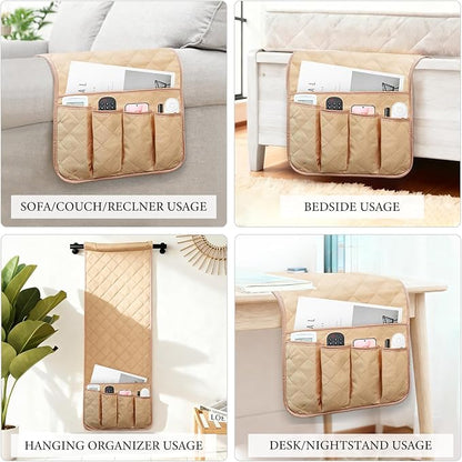 AUVCAS Sofa Armrest Organizer Non-Slip Arm Chair Bedside Caddy Storage Organizer for Recliner Couch with 5 Pockets for Cell Phone TV Remote Control Magazines (LIGHT KHAKI)