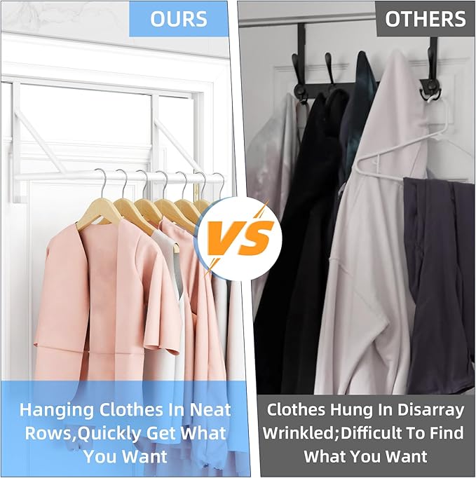 Over The Door Hanger for Clothes, Stainless Door Hangers for Clothing, Over The Door Clothes Drying Rack for laundry, Over Door Hanger Organizer with 2 Hooks for Hanging Towels & Coats, White