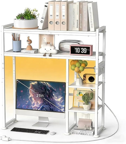 Aetheris Desktop Organizer Shelf, 30" Wooden Office Storage Rack with Outlets, Display Shelf Rack with Light Strip, 5 Tier Desktop Display Rac, Desk Shelf, Desk Hutch for Computer Monitor (White)