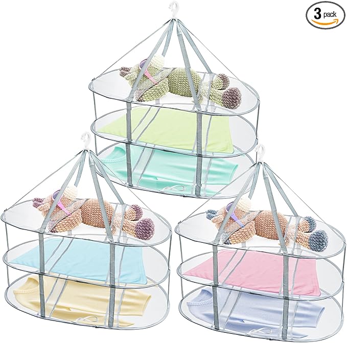 Jucoan 3 Pack 3-Tier Lay Flat Sweater Drying Rack, Folding Mesh Clothes Drying Rack for Toys, Sweaters, Delicates