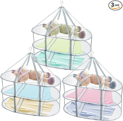 Jucoan 3 Pack 3-Tier Lay Flat Sweater Drying Rack, Folding Mesh Clothes Drying Rack for Toys, Sweaters, Delicates