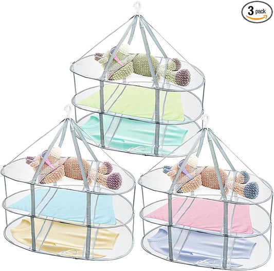 Jucoan 3 Pack 3-Tier Lay Flat Sweater Drying Rack, Folding Mesh Clothes Drying Rack for Toys, Sweaters, Delicates