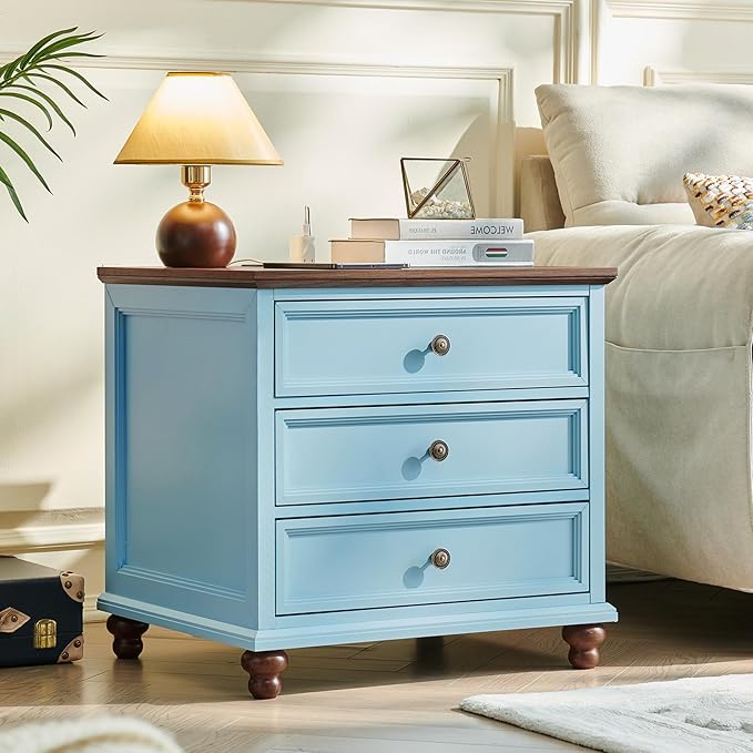 Joaxswe Farmhouse Nightstand with Charging Station, 24" Wide End Table with 3 Drawers,Light Blue Wood Dresser for Bedroom, Bed Side Table Chest of Drawers Cabinet,Night Stand for Living Room, Closet