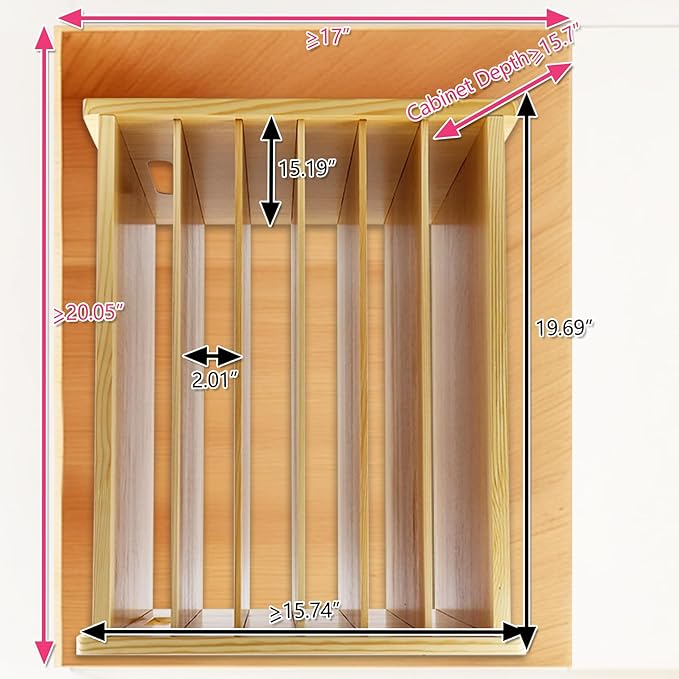 Wooden Tray Dividers for Kitchen Cabinet, 7 Tier Large Size Tray Dividers, 19.69" W x15.74" H x15.19" D, for Cookie Sheets, Baking trays, Cutting Board, Pans, for Organizing Cabinets, 5 Years Warranty