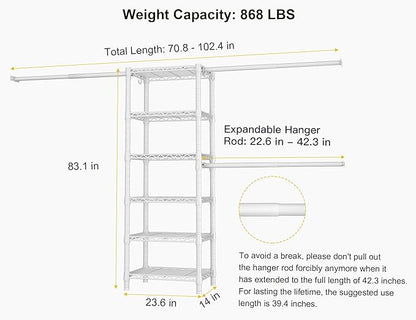 Ulif M5 Wall Mounted Clothes Garment Rack, Heavy Duty Closet Storage and Organizer with 6 Shelves and 3 Expandable Hanger Rods, Space Saver Suit (46.2-102.4)" W x 14" D x 83.1" H, White