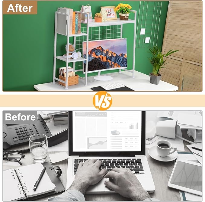 Desktop Bookshelf Organizer, Computer Desktop Bookcase, White Desk Hutch Dorm, Multipurpose Wood Desktop Hutch Storage Organizer, 3-Tier Wood Desk Bookshelf for Home Office Dorm
