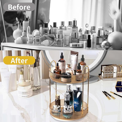 Asayuee 360 Rotating Gold Makeup Organizer,2 Tier Large Capacity Rotating Makeup Organizer,SkincarePerfume Organizer,Bathroom Cosmetics Storage Organizer Countertop (Gold-2 Tier)
