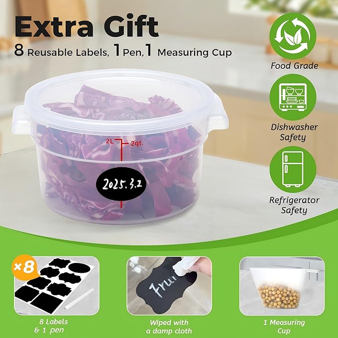 BIEAMA 4 Pack Round Food Storage Containers with Lids, 2Qt Translucent, Polypropylene, BPA Free, Includes Labels & Measuring Cups