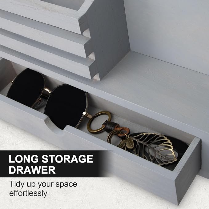 Key Holder Wall Mount, Mail Holder with Storage Drawer and 6 Key Hooks for Coat, Dog Leash, Home Decor Rack, House Accessories, Entry Way Organizer