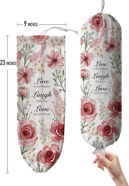 Hglian Plastic Bag Holder, Inspirational Farmhouse Grocery Bag Organizer Storage Dispenser Container for Shopping Trash Bags,Cute Flowers Kitchen Décor Gifts for Women Mom Friend Grandma Pink