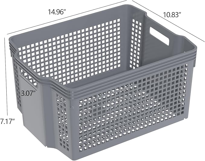 Zopnny 6-Pack Stackable Plastic Woven Basket Organizer, Large Stacking Storage Basket Bin, Grey