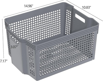 Zopnny 6-Pack Stackable Plastic Woven Basket Organizer, Large Stacking Storage Basket Bin, Grey