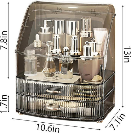 Plukers Makeup Organizer Countertop Vanity with Transparent Lid Drawers Waterproof Dustproof Cosmetic Skincare Bathroom Storage Gift for Women Teens Girls (Clear Black)