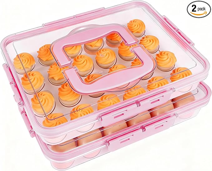 Deviled Egg Containers with Lid, 2 Pack Thick Clear Plastic Deviled Carrier with Handle Storage 48 Eggs, Stackable Egg Holder Portable Tray Platter for Fridge, Travel, Party-Pink