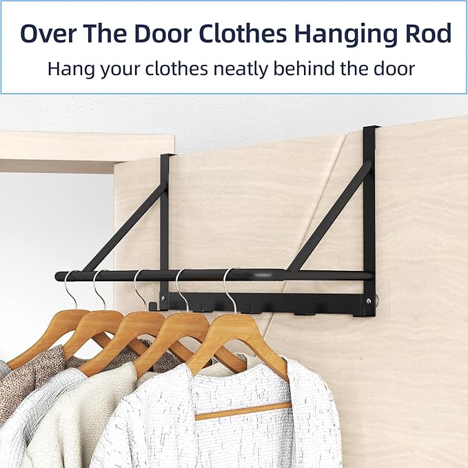 CHJgroup Over The Door Clothes Hanger, Metal Clothes Rack for Door with 5 Hooks, Over The Door Hanger for Bathroom, Laundry, Bedroom, Washroom, Fits Door Up to 1.97", Matte Black
