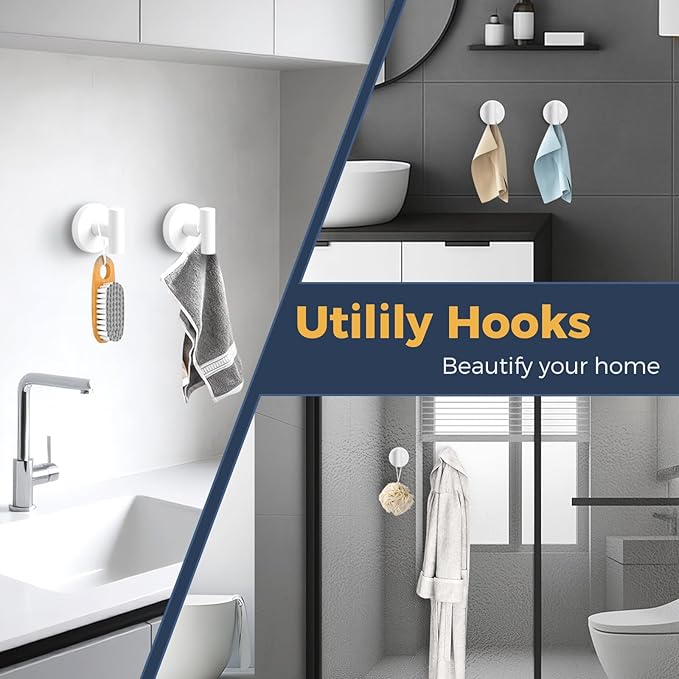 QQK Heavy Duty Suction Cup Hooks for Glass Window,Tile,Mirror,Removable Shower Hooks for Inside Shower,Metal Towel Hooks for Bathroom,4 Pack(White)
