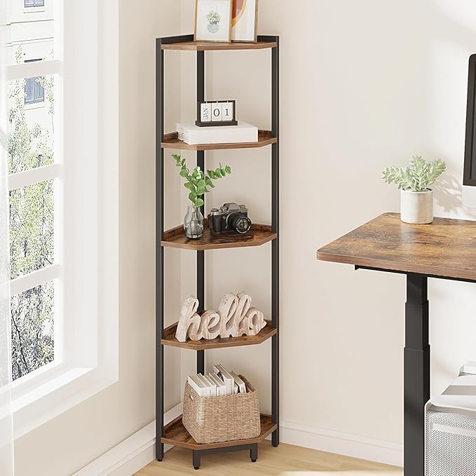 Corner Shelf Stand, Corner Bookshelf, Storage Standing Shelf Unit with Metal Frame, Plant Stand, Corner Bookcase for Living Room, Home Office, Bedroom, 5-Tier Rustic Brown CS05901B