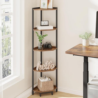 Corner Shelf Stand, Corner Bookshelf, Storage Standing Shelf Unit with Metal Frame, Plant Stand, Corner Bookcase for Living Room, Home Office, Bedroom, 5-Tier Rustic Brown CS05901B