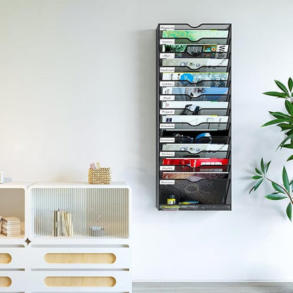 Hanging Wall File Organizer,13-Tier Desk File Mail Holder, Paper Bill Organization For Office Home School, Black
