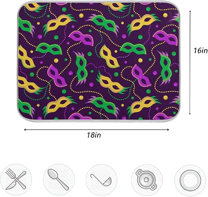 ZzWwR Colors Mardi Gras Carnival Absorbent Dish Drying Mat, 16 x 18 Inches Microfiber Kitchen Countertop Table Protector Multi-purpose Counter Rack Sink Drainer Pad