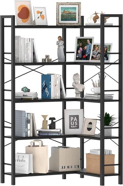 5-Shelf Corner Bookshelf, Large Open Shelf Bookcase,Black Metal Frame, L-Shaped Storage Rack with Cross Braces for Living Room Home Office