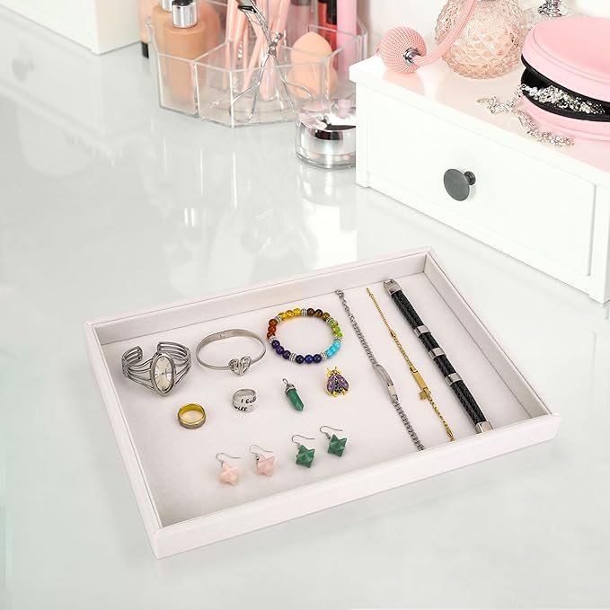 Mornajina 2 Pcs 13.8" x 9.5" Velvet Jewelry Tray Jewelry Display Tray Flat Tray, Stackable Empty Plate Trays for Earrings Necklaces Bracelet Rings Display Showcase - Beige