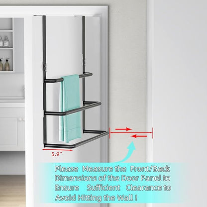 Over The Door Towel Rack, 304 Stainless Steel Towel Rack, 3 Tier Towel Bar for Hanging Towels, 16 Inch Over Door Towel Storage Holder for Bathroom, Matte Black