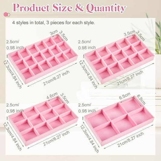 Junkin 12 Pcs Jewelry Tray Velvet Stackable Jewelry Organizer Trays Divided Earring Accessories Storage Containers Box (Rose Red)
