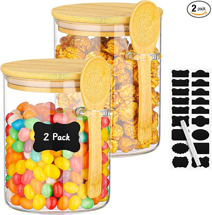 Glass Jars with Bamboo Lids and Spoon - 2 Pack 26 Fl.oz Round Glass Pantry Storage Containers Set, Includes Labels and Marker, Loose Leaf Tea Canister Jar for Sugar, Flour, Beans, Nuts, Oats
