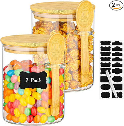 Glass Jars with Bamboo Lids and Spoon - 2 Pack 26 Fl.oz Round Glass Pantry Storage Containers Set, Includes Labels and Marker, Loose Leaf Tea Canister Jar for Sugar, Flour, Beans, Nuts, Oats