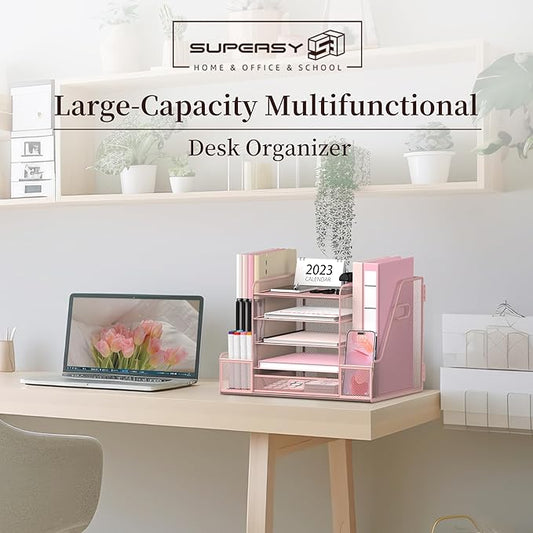 SUPEASY Mesh Desk Organizer with File Holder, 5-Tier Paper Letter Tray Organizer with Magazine Holder, Desktop Organizer and Storage with Drawer for Office Supplies Home or School (Pink)