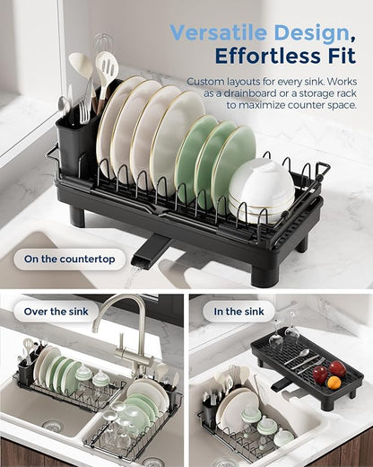 Nacial 2-in-1 Small Dish Drying Rack Fits 14''–21.8'' Sink, Dish Drainers for Kitchen Counter Extend Kitchen Sink Drain Basket with Utensil Holder & Auto-Drain Tray, Stainless Steel Plate Rack, Black