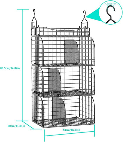 HapiRm Hanging Closet Organizer Storage - 4 Tier Metal Stackable Hanging Closet Shelves with Dividers and S Hooks, Foldable Clothes Shelves for Clothes, Pants, Shoes, Coat, Hats Clutches Accessories