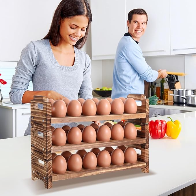 Egg Holder Countertop, 3-Tire Solid Wooden Egg Holder, Stackable Egg Storage Basket Holding Up to 36 Fresh Eggs, Chicken, Duck Eggs - Unfinished