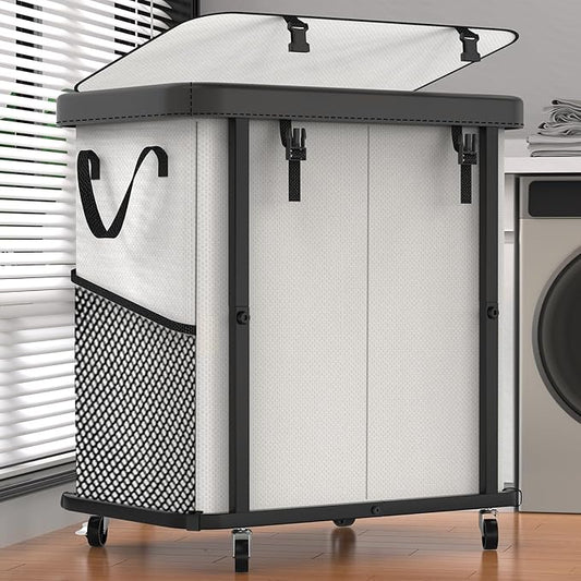 190L (50 Gal) Large Fashion Laundry Basket with Wheels, Leather Patchwork Rolling Hamper Carts, Sturdy Metal Frame, Removable Washable Bag, Tall Clothes Sorter for Bedroom, Laundry Room - Beige