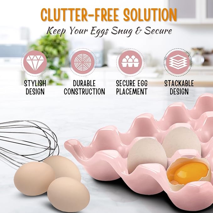 Flexzion 12 Cups Ceramic Egg Holder for Fridge - Dozen Ceramic Egg Tray Porcelain Container Storage Organizer Decorative Serving Stand Serveware for Refrigerator Countertop Display (Pink, 2 Pack)