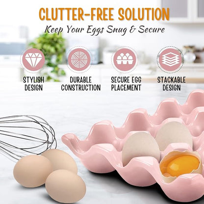 Flexzion 12 Cups Ceramic Egg Holder for Fridge - Dozen Ceramic Egg Tray Porcelain Container Storage Organizer Decorative Serving Stand Serveware for Refrigerator Countertop Display (Pink, 2 Pack)
