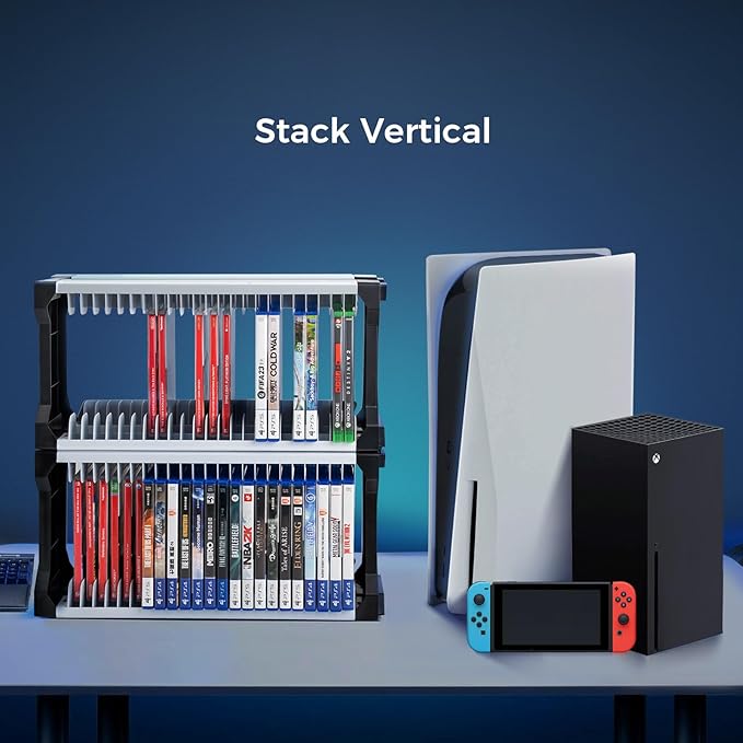 ASFSKY Game Storage Tower - 48 Games Video Game Organizer & Holder with 2 Controller Hooks, Universal Video Game Storage Compatible with PS5/PS4/Xbox/Switch（46Pcs）