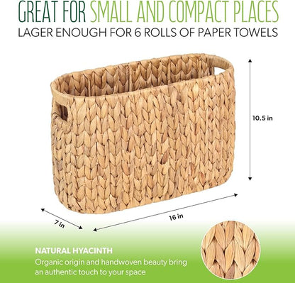 Toilet Paper Storage Holder with Built-in Handles, Water Hyacinth Toilet Papers Holder for up to 6 Mega Rolls, Wicker Toilets Paper Baskets, Decor Bathroom Storage Basket for Countertops,Shelves