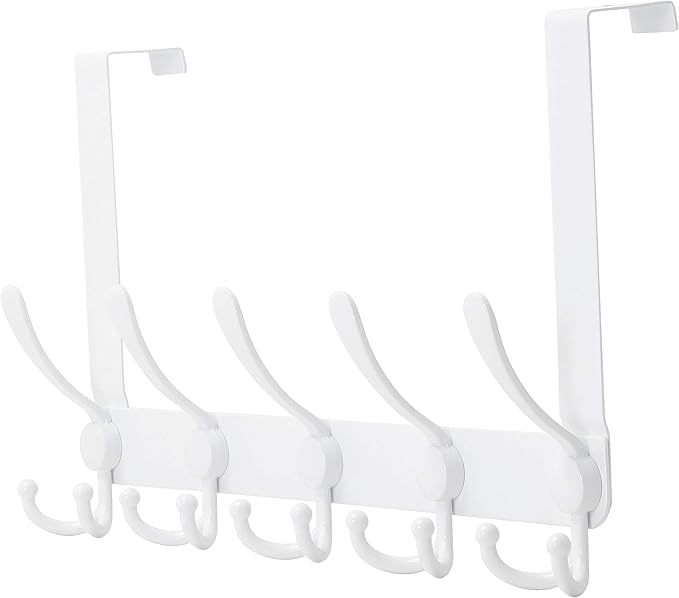 Dseap Over The Door Hook Hanger - Fits 1 3/8" to 1 3/4" Standard Doors | 5 Tri Hooks Heavy Duty Towel/Coat Rack | Door Organizer for Clothes, Jackets, Hats, Towels, White